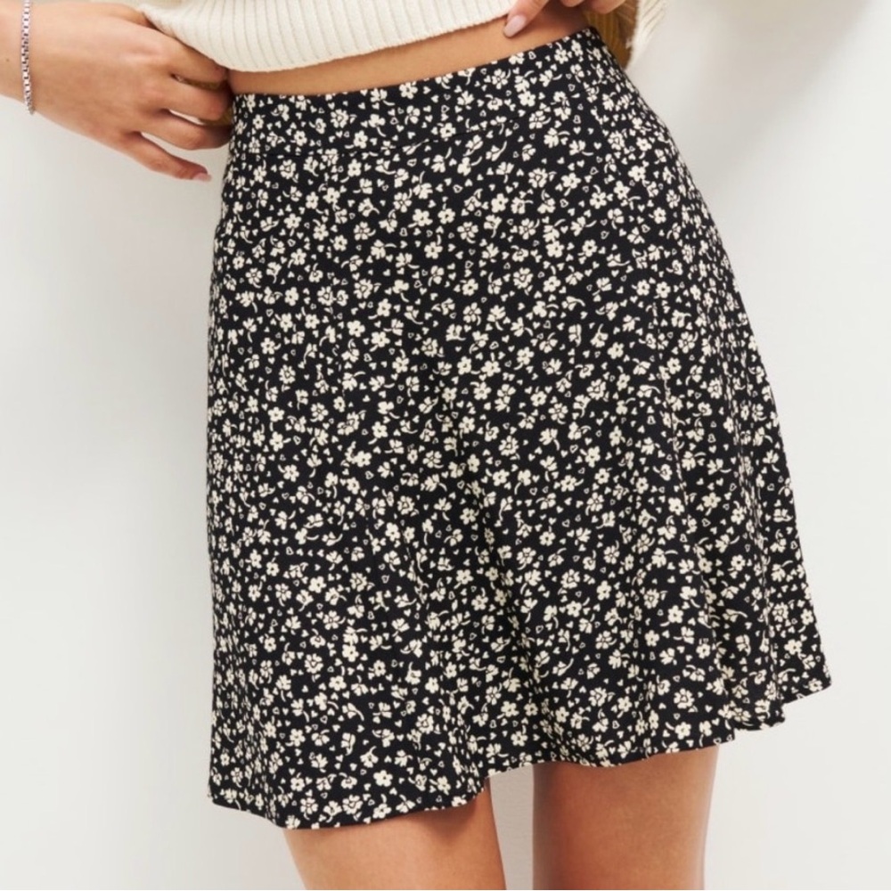 Reformation Black Mini Skirt with Cream Floral Print